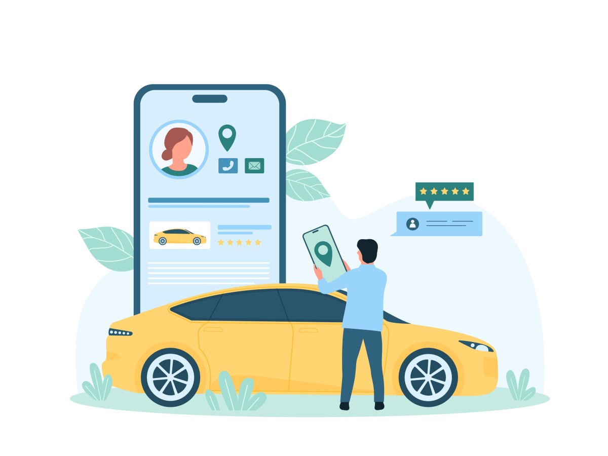 スマホを持った男性とそのスマホ画面および黄色い車